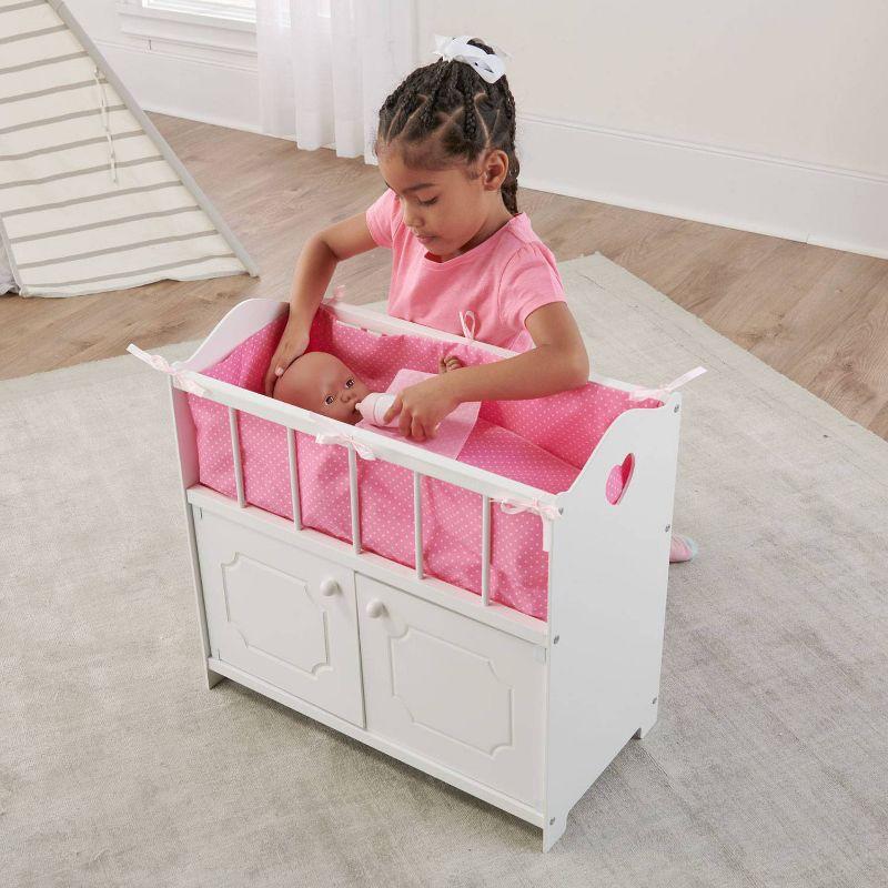 Badger Basket Storage Doll Crib with Bedding and Free Personalization Kit - White