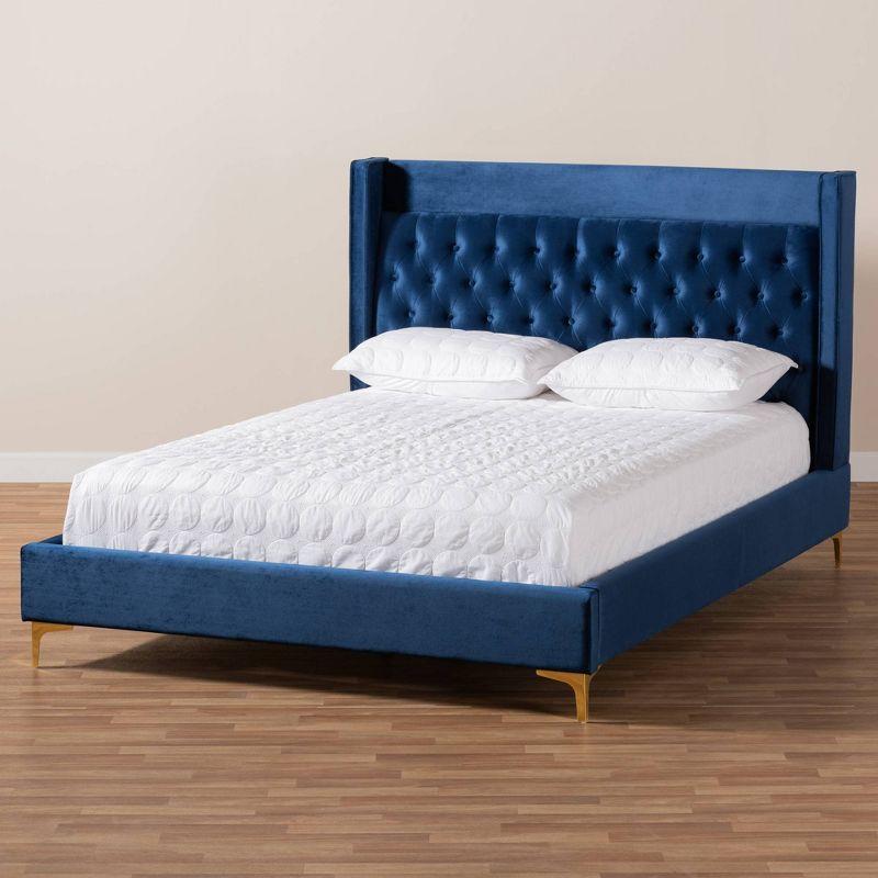 Valery Velvet Platform Bed with Gold - Finished Legs - Baxton Studio