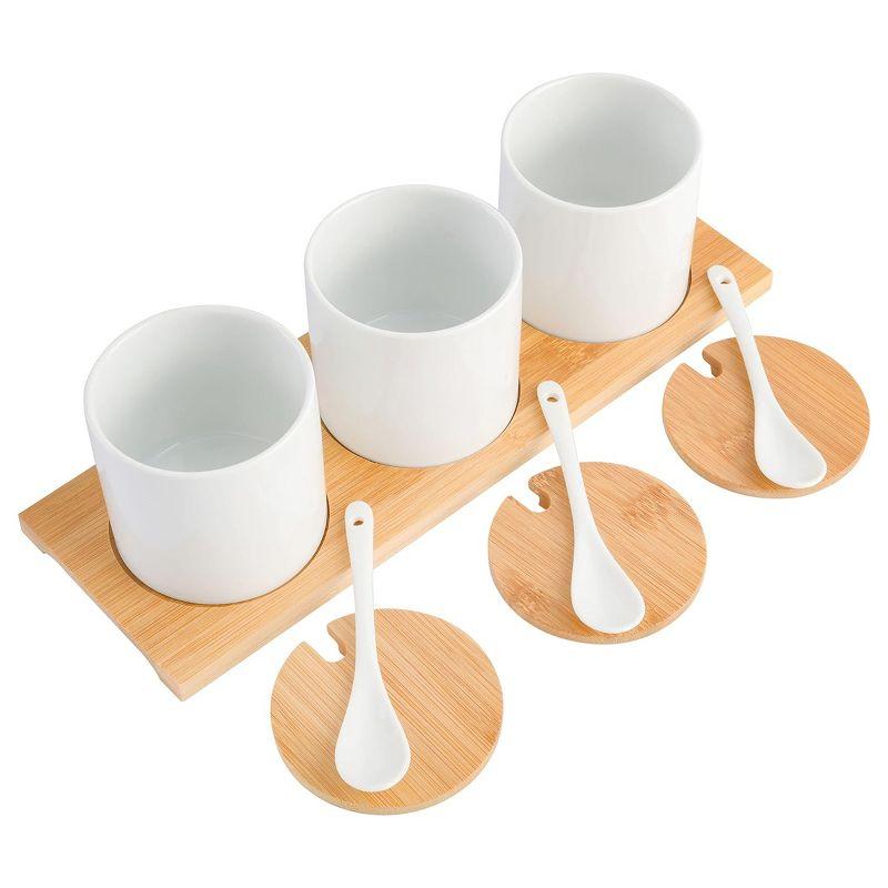 Gibson Gracious Dining 10 Piece Fine Ceramic Condiment Jars with Bamboo Lids and Spoons in White