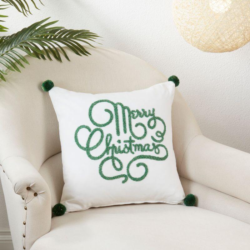 White and Green Merry Christmas Square Throw Pillow