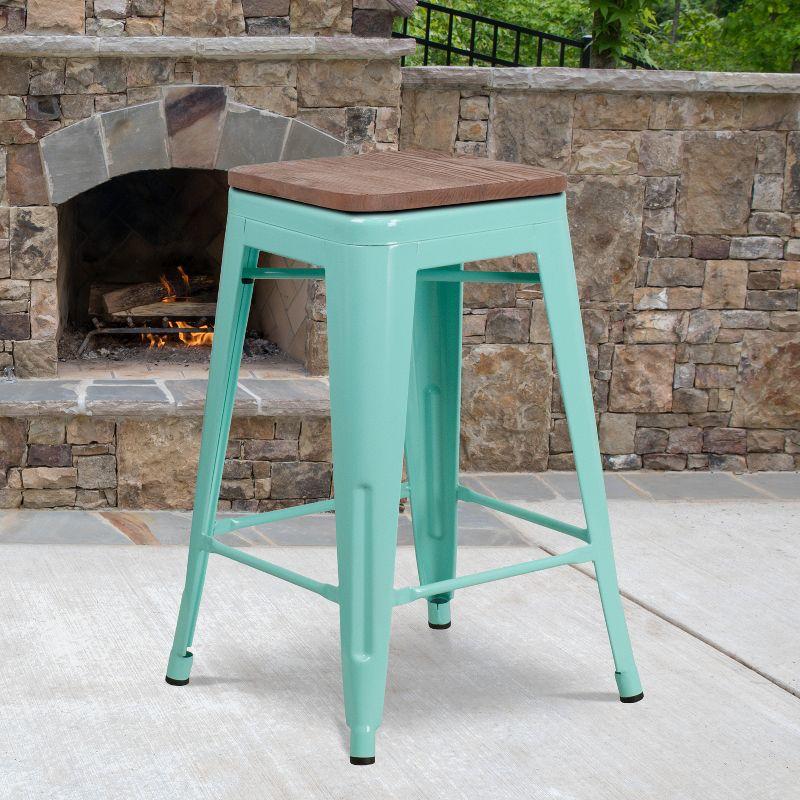 24" Backless Mint Green Metal and Brown Wood Counter Stool