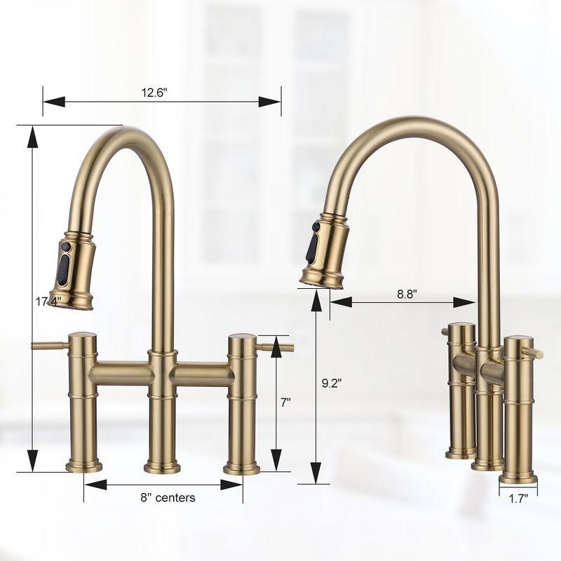 Gold Brass Double Handle Bridge Kitchen Faucet with Pull Down Sprayer