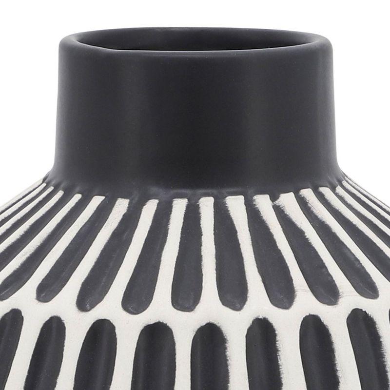 Sagebrook Home 5"H Diameter, Ceramic Geometric Vase, Black Finish with Intricate White Details, Decorative Vase