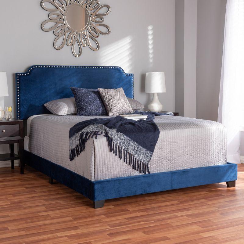 Darcy Full Navy Velvet Upholstered Bed with Nailhead Trim