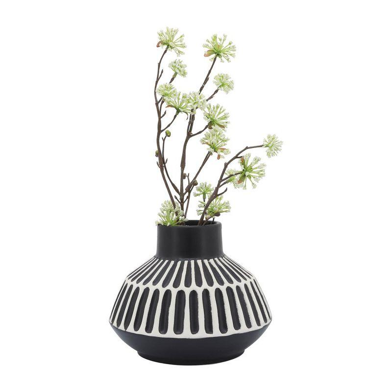 Sagebrook Home 5"H Diameter, Ceramic Geometric Vase, Black Finish with Intricate White Details, Decorative Vase