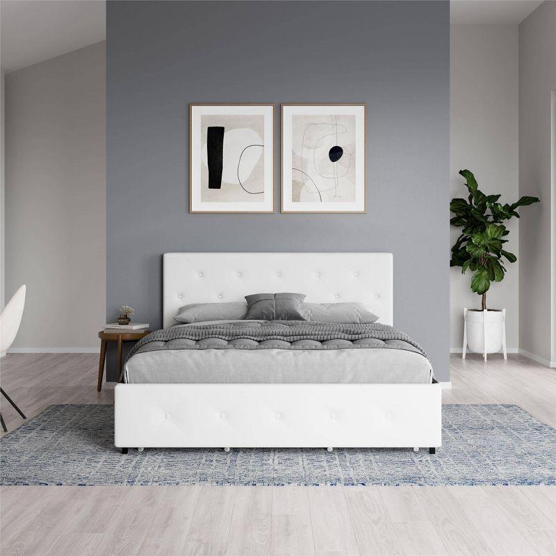 Queen White Faux Leather Tufted Upholstered Bed with Slats