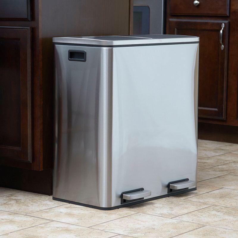 Dual Compartment Trash Can with 30 Liter / 8 Gallon Medium Bins, Stainless Steel, for Trash and Recycling