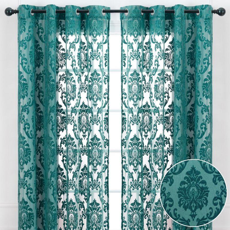 Chanasya 2pk Devore Damask Sheer Grommet Window Curtain Panels - Set of 2 - 52 x 63 Inches Long - Teal