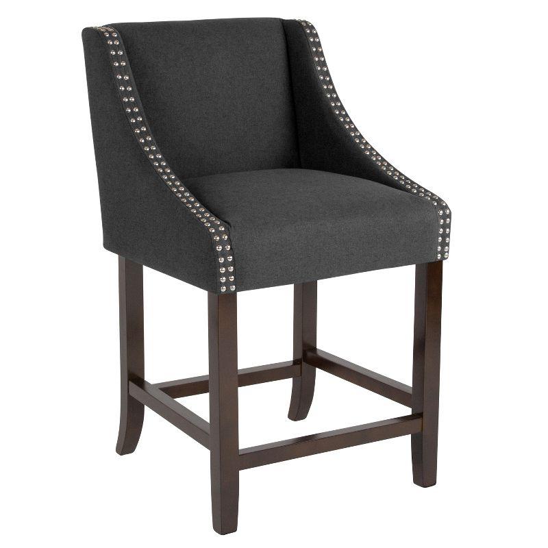 Flash Furniture Carmel Series 24" High Transitional Walnut Counter Height Stool with Nail Trim in Charcoal Fabric, Set of 2