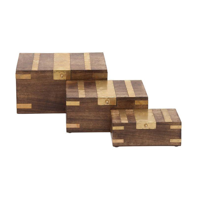 Olivia & May Set of 3 Traditional Brass Inlaid Wooden Boxes: Mango Wood Craftsmanship, Rectangular with Spot Clean Care