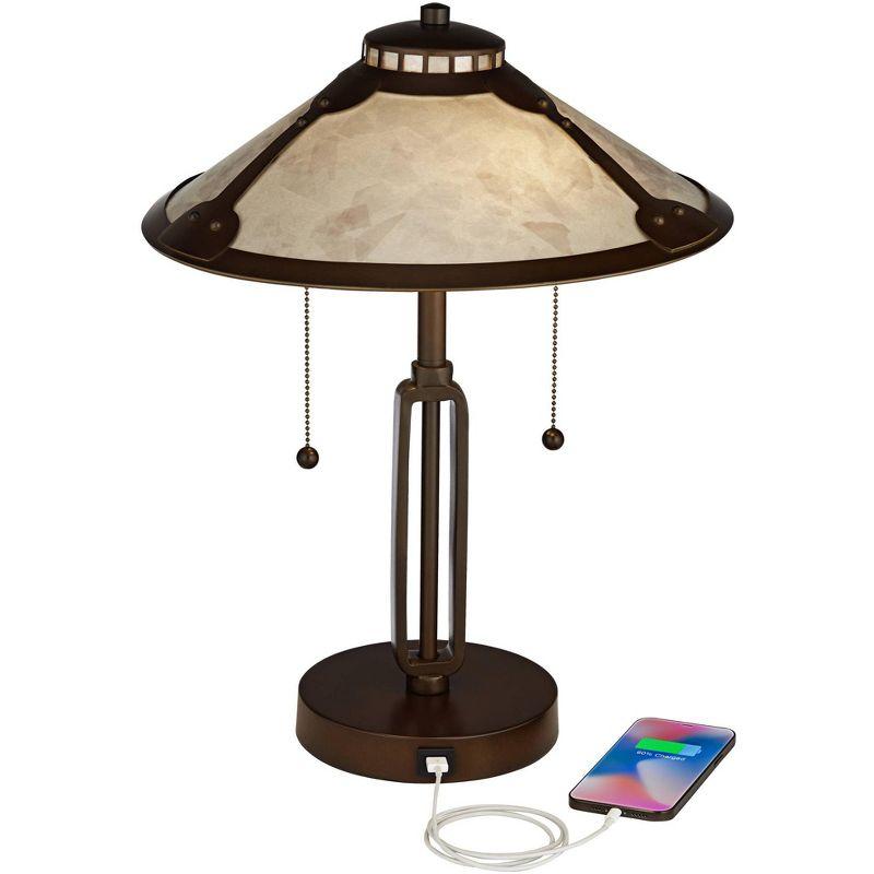 Franklin Iron Works Samuel Industrial Desk Lamp 20" High Rubbed Bronze with USB Charging Port Natural Mica Shade for Bedroom Living Room Bedside Desk