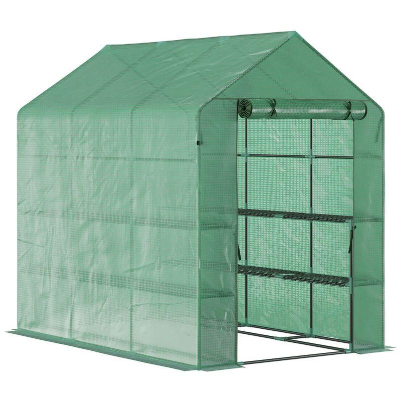 Outsunny 84.25" x 56.25" x 76.75" Walk-in Greenhouse, 2-Tier Shelves, Steel Frame Hot house, Roll-Up Zipper Door for Flowers, Vegetables, Green