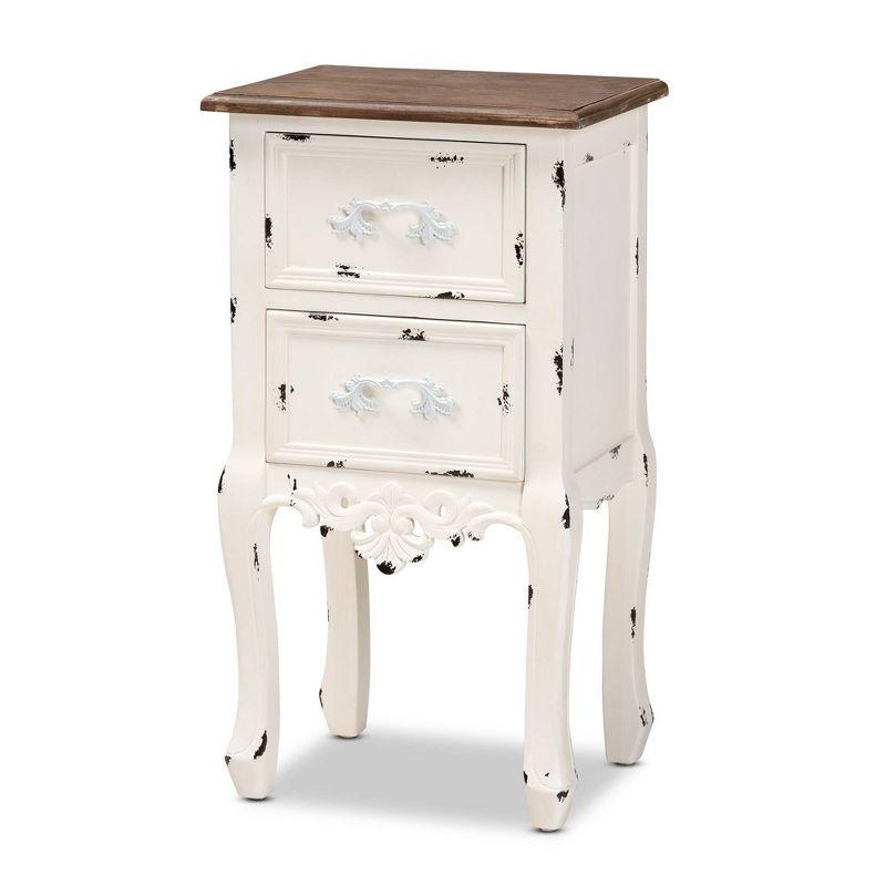 Levron Two-Tone and Antique Wood 2 Drawer Nightstand Walnut Brown/Antique White - Baxton Studio: Bedside Storage Table