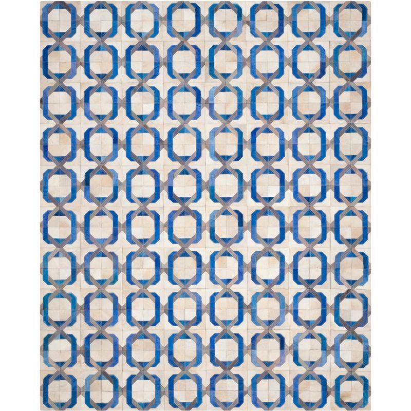 Hand-Stitched Ivory Geometric Cowhide Area Rug - 8' x 10'