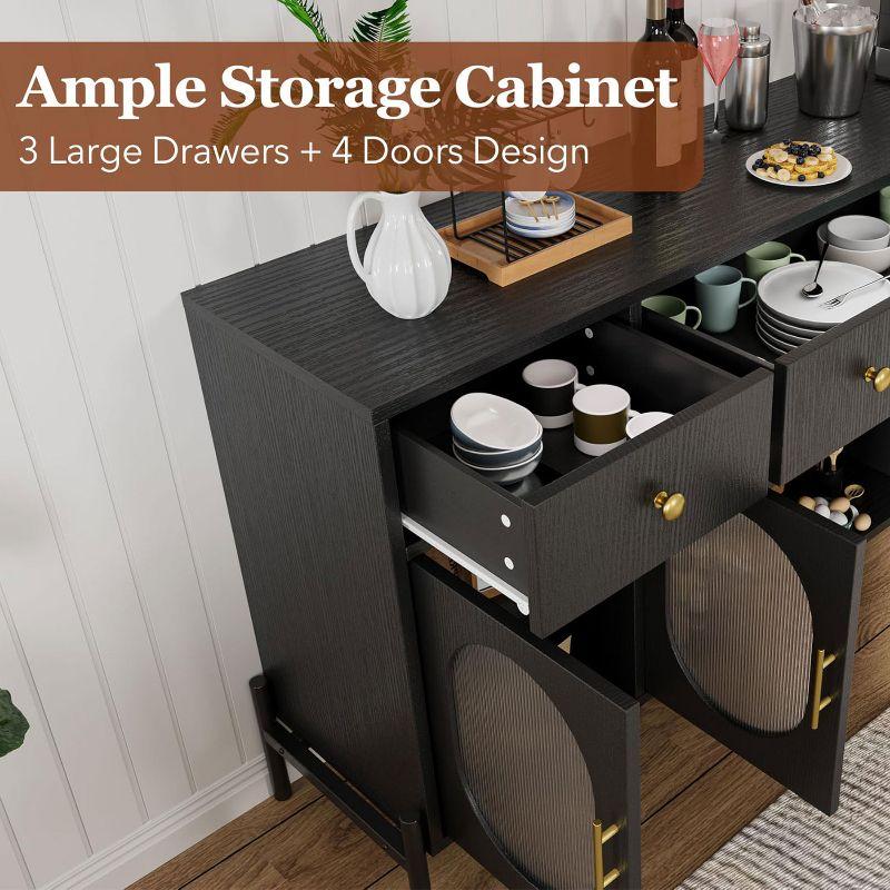 62" Large Sideboard Buffet Cabinet with Storage and 3 Drawers, Buffet Table Coffee Bar Storage Cabinet with 4 Glass Doors