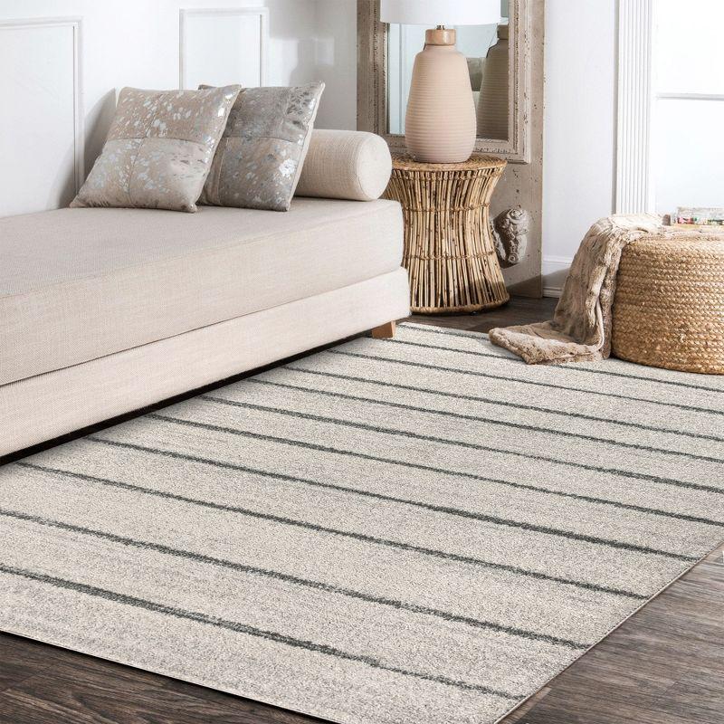 Cream and Gray Striped Synthetic 4' x 6' Area Rug