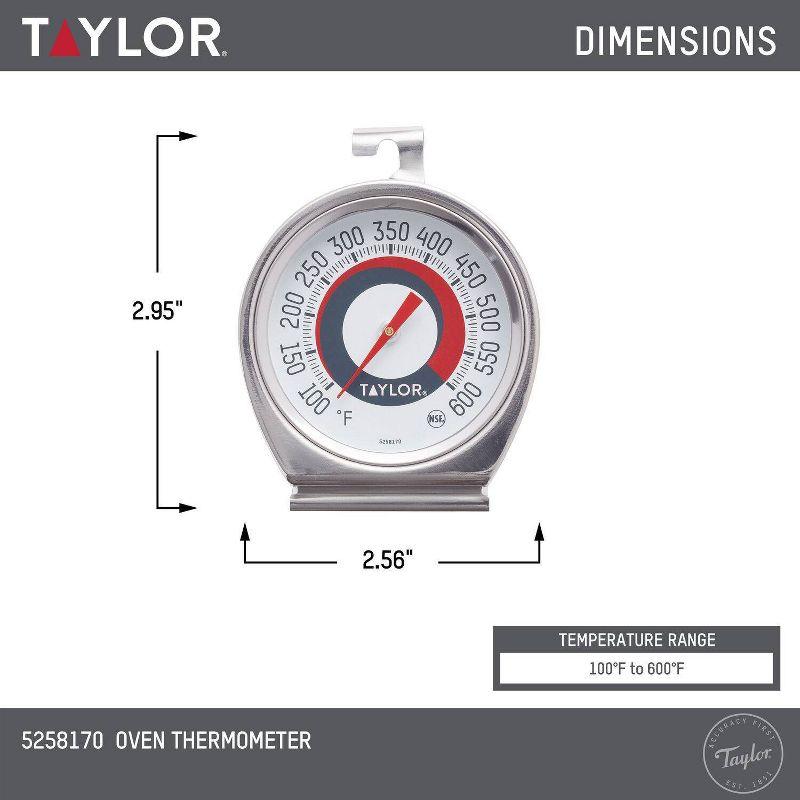 Taylor Ambient Oven Grill Temperature Thermometer: Stainless Steel, Analog, Large Dial, 100-600°F, Spot Clean