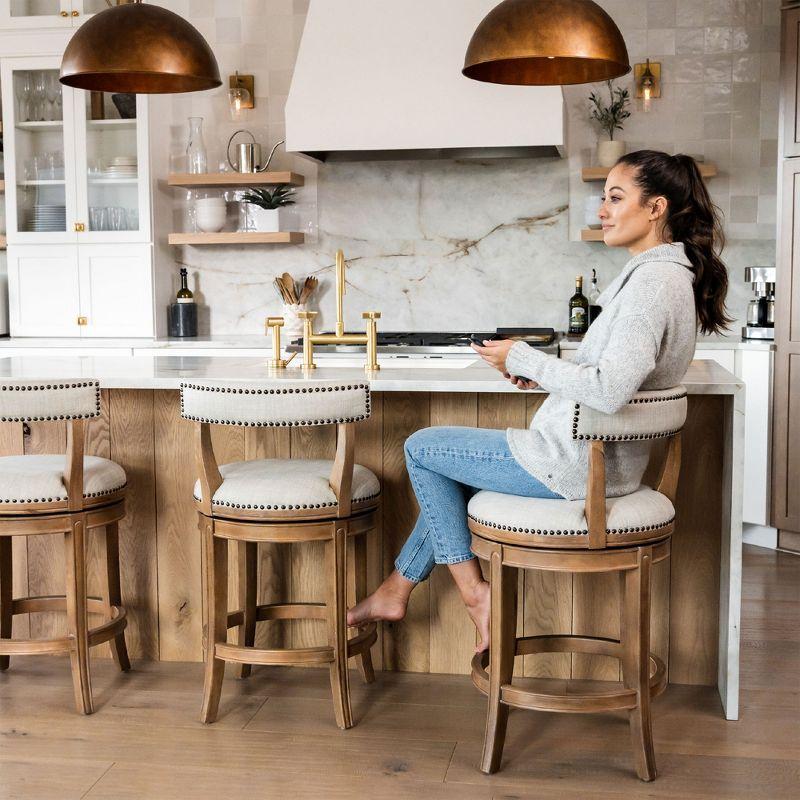 Maven Lane Alexander Kitchen Bar Stool in Weathered Oak Finish w/ Sand Color Fabric Upholstery