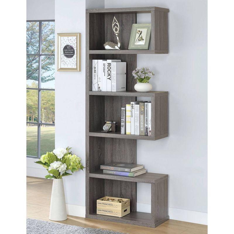 Contemporary Weathered Gray Wood Corner Bookcase with 5 Shelves