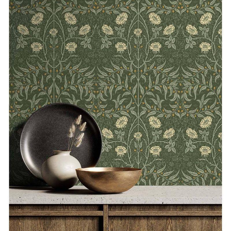 NextWall Stenciled Floral Peel and Stick Wallpaper Green: Vintage Botanical Vinyl, Self-Adhesive, Repositionable, 30.75 Sq Ft Coverage