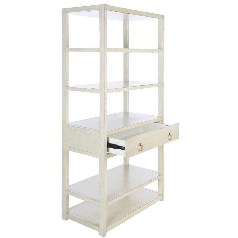 Antique White Acacia Wood 5-Shelf Etagere with Drawer