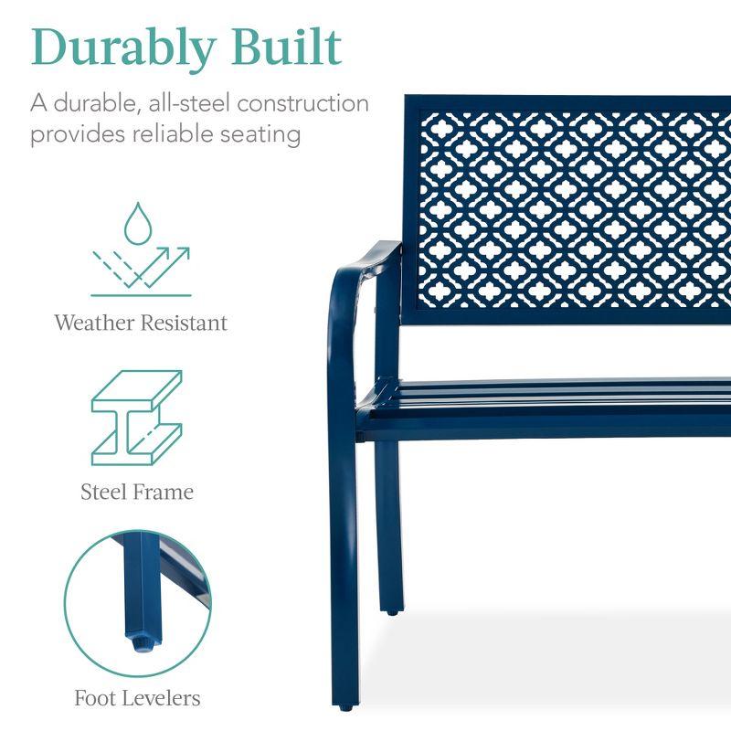 Best Choice Products Indoor Outdoor Steel Garden Bench w/ Geometric Backrest, Foot Levelers - Peacock Blue