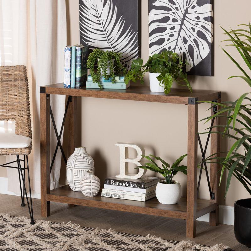 Natural Brown Wood and Black Metal Console Table with Storage