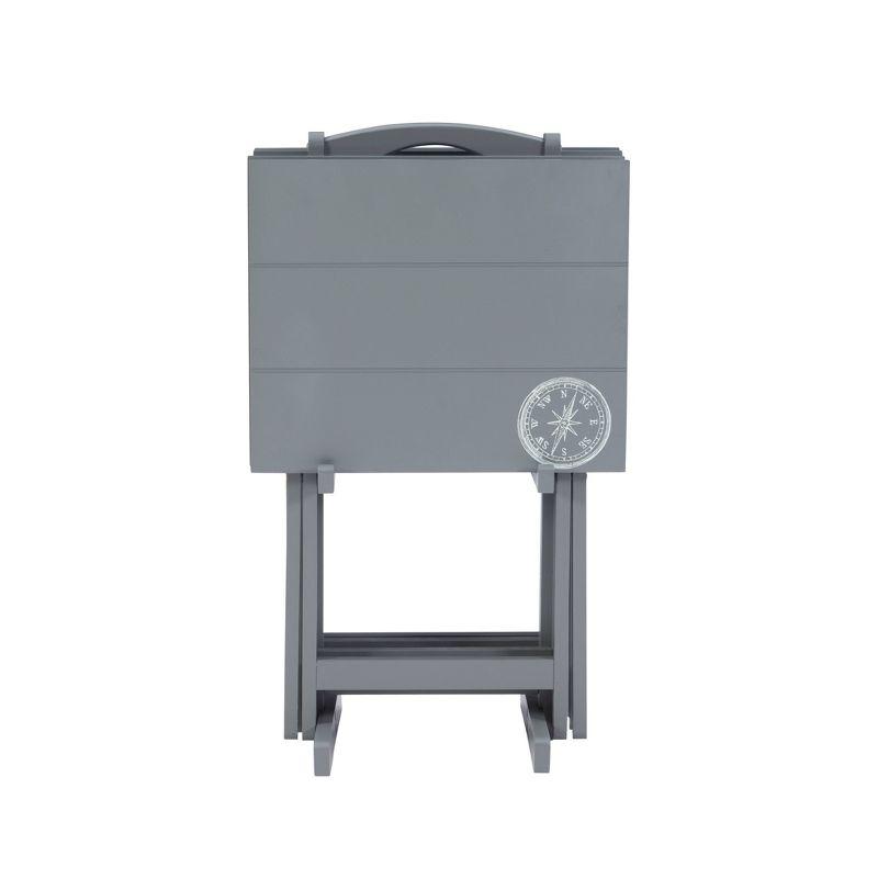 Linon 4pc 26.4" Compass Finish Plank Tray Tables with Storage Rack Dark Gray