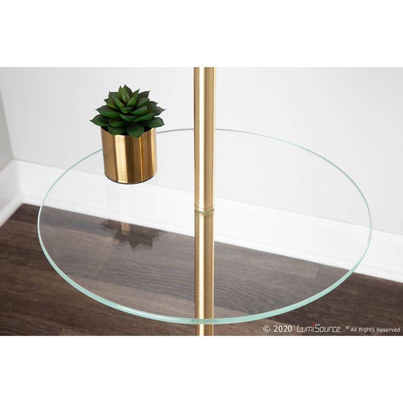 LumiSource Chloe Contemporary Shelf Floor Lamp with Marble Base Shelf and Linen Shade White (Includes LED Light Bulb) : Gold Neck, Round Glass Table