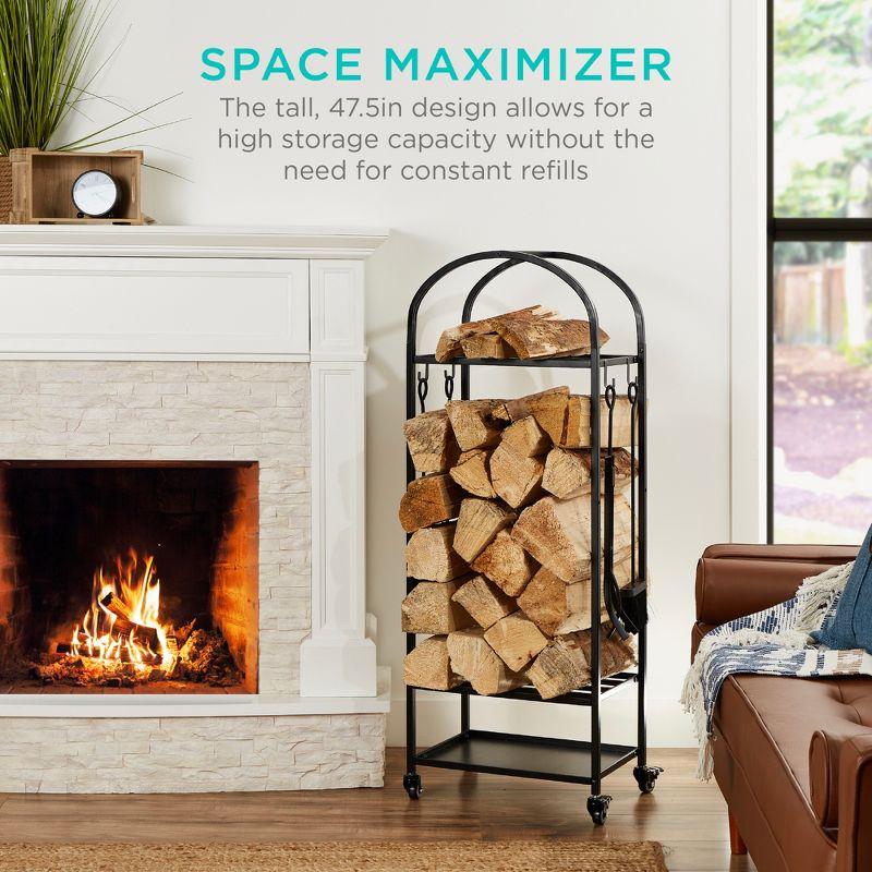 Best Choice Products 4ft 3-Tier Firewood Log Rack, Vertical Wrought Iron Holder for Home w/ 4-Piece Tool Set, Wheels