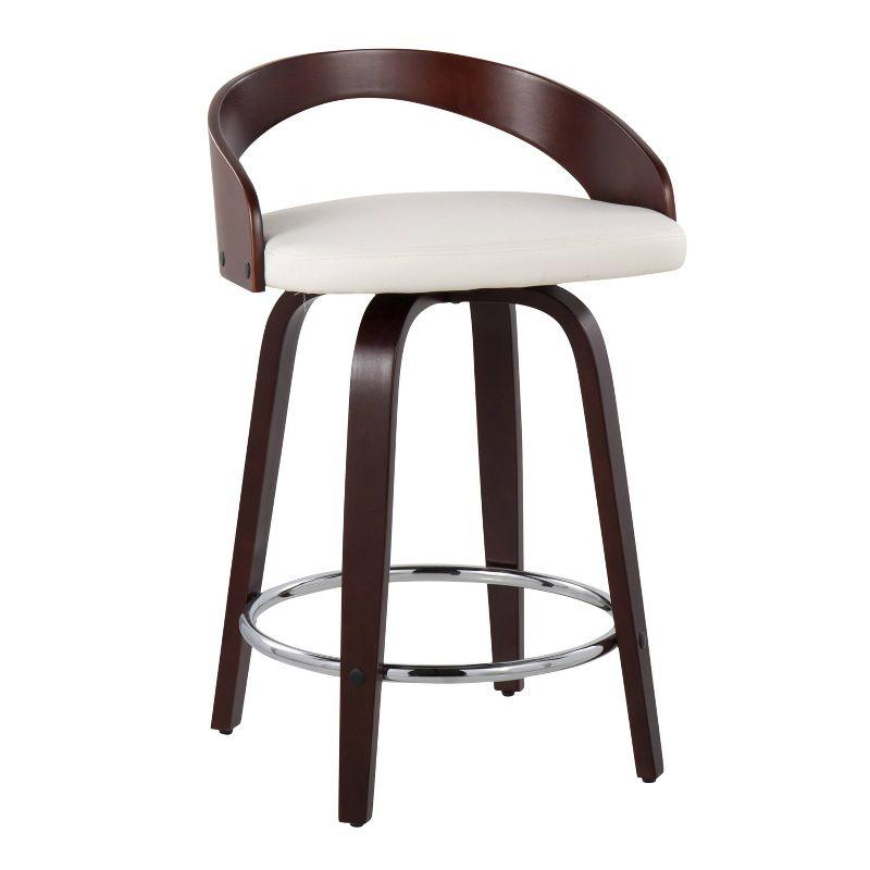 Cherry Wood and White Faux Leather Swivel Counter Stools, Set of 2