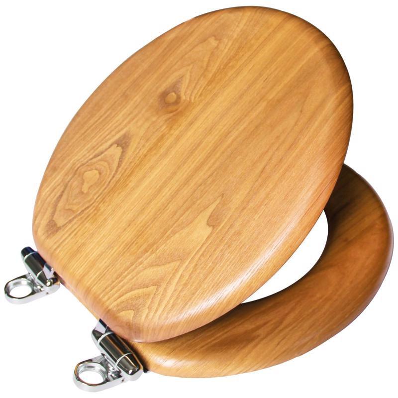 Dalton Round Honey Oak Wood Toilet Seat with Zinc Hinges