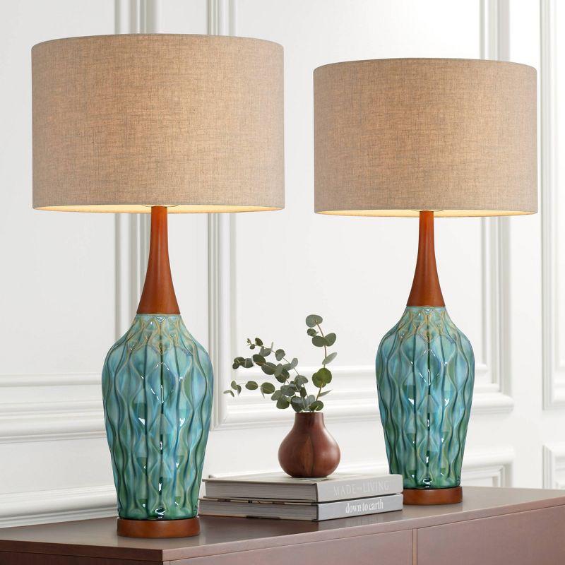 360 Lighting Rocco Modern Mid Century Table Lamps 30" Tall Set of 2 Blue Teal Glaze Ceramic Linen Drum Shade for Bedroom Living Room Nightstand Home