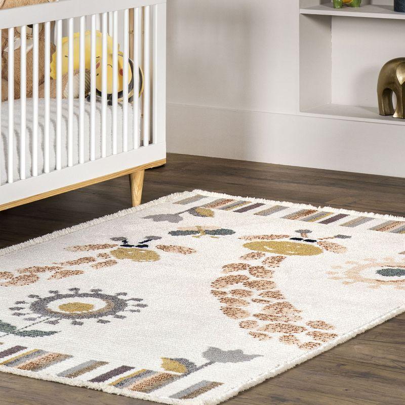 Beige 8' x 10' Stain-Resistant Kids Area Rug with Giraffe Print