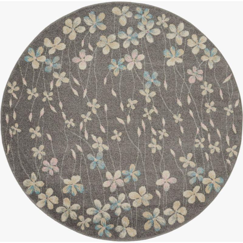 Handmade Round Grey and Beige Floral Synthetic Area Rug