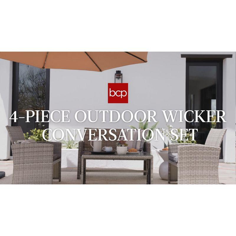 Best Choice Products 4-Piece Outdoor Wicker Patio Conversation Furniture Set w/ Table, Cushions - Natural/Gray