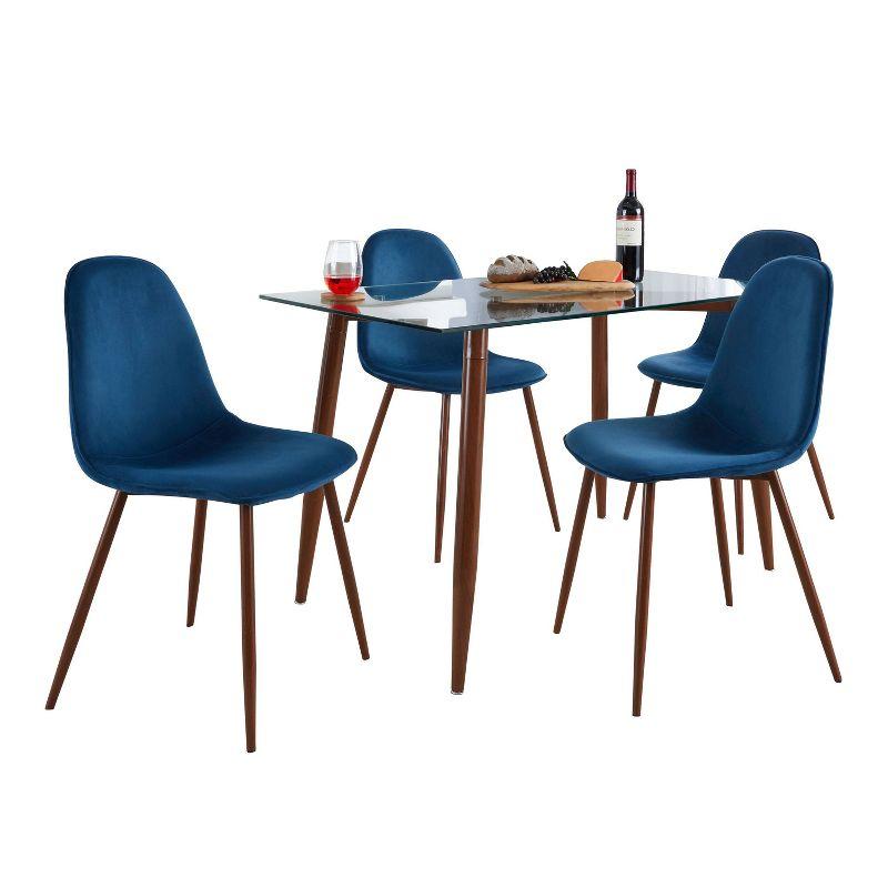 Mid-Century Modern Blue Velvet and Walnut Dining Set with Glass Top