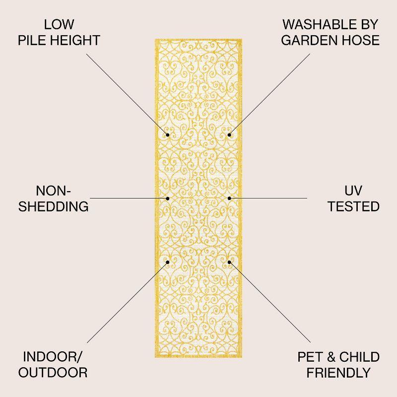 2' x 8' Madrid Vintage Filigree Textured Weave Indoor/Outdoor Runner Rug, Cream/Yellow - JONATHAN Y