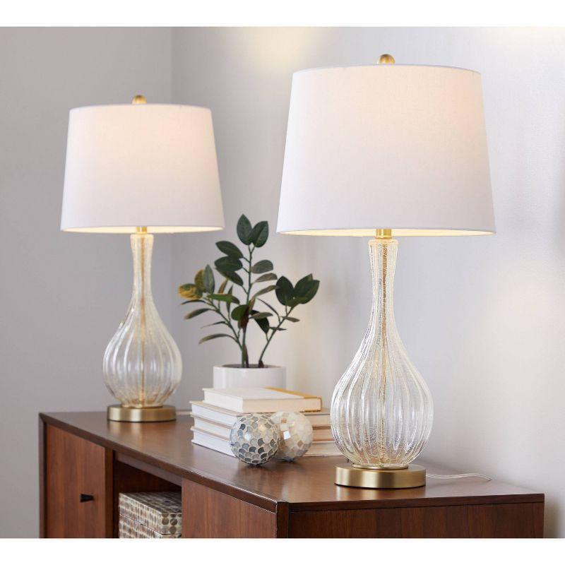 LumiSource (Set of 2) Jenny 27.25" Contemporary Glass Table Lamps Clear Crackle Glass Gold Metal and White Linen Shade from Grandview Gallery