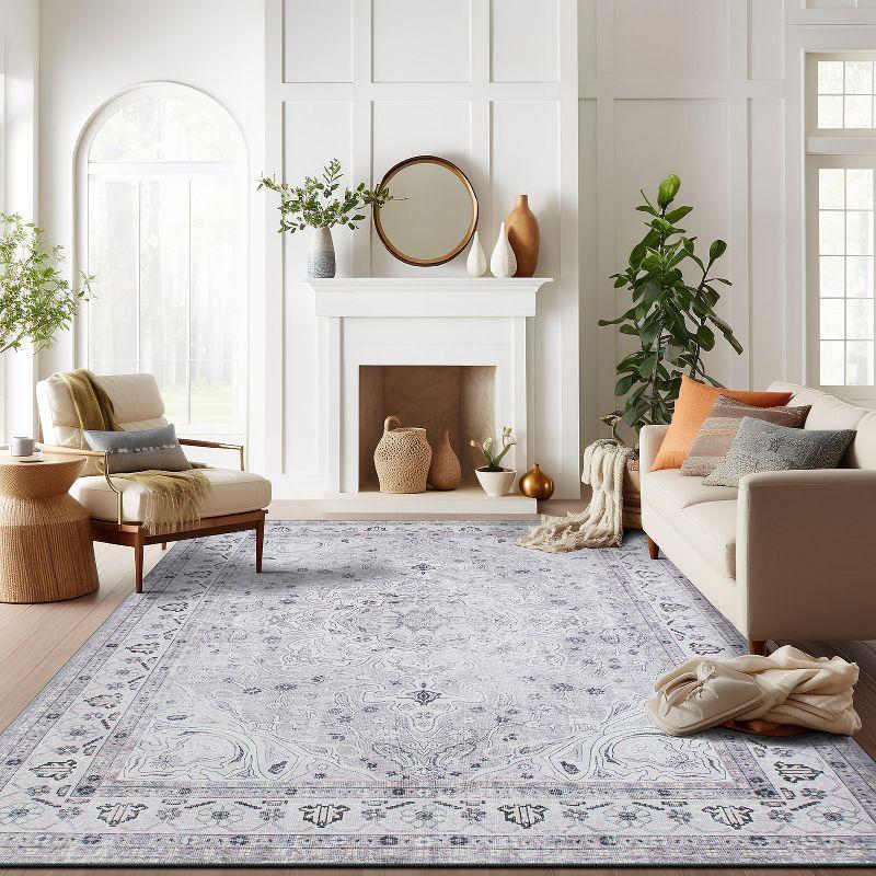 World Rug Gallery Transitional Medallion Machine Washable 7'7"x9'6" Gray Area Rug:  Stain-Resistant,  Flat Pile,  Indoor Use