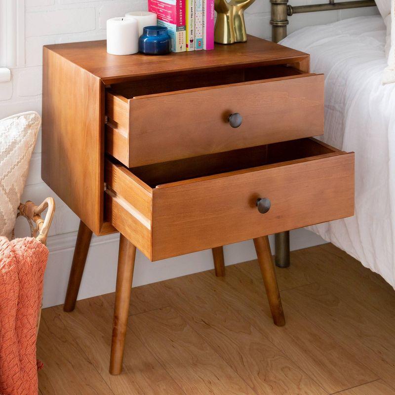 Greenberg 2 Drawer Mid-Century Modern Solid Wood Nightstand Caramel - Saracina Home: Pine, Beveled Edges, Antique-Finish Knobs