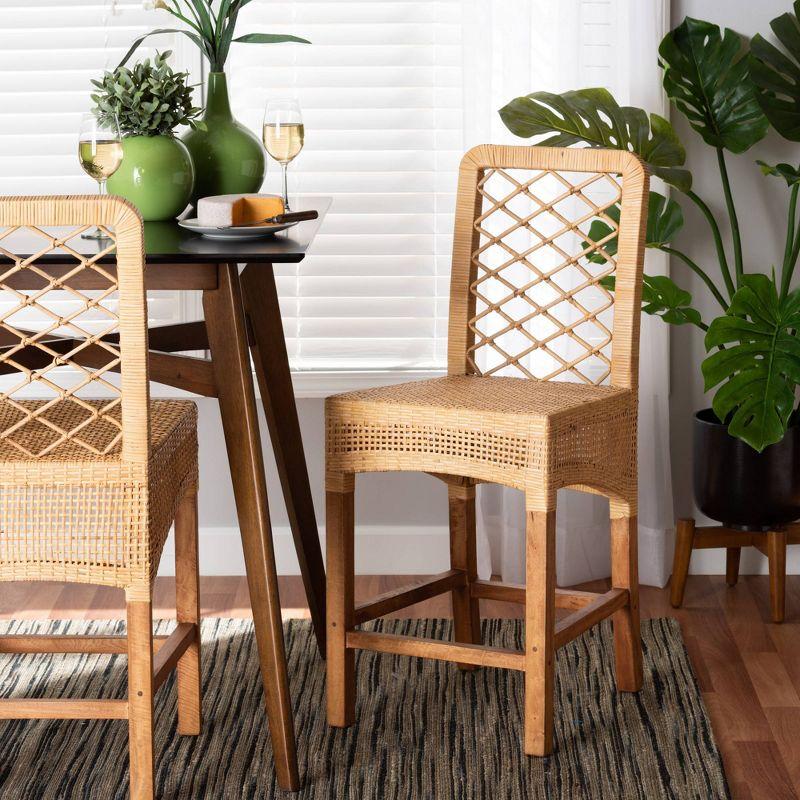 bali & pari Moscow Rattan and Wood Counter Height Barstool Natural/Walnut: Bohemian Style, Mango Frame, No Assembly Required