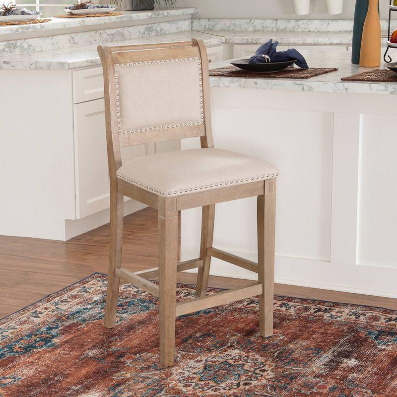 Natural Wood Counter Stool with Stripe Upholstery