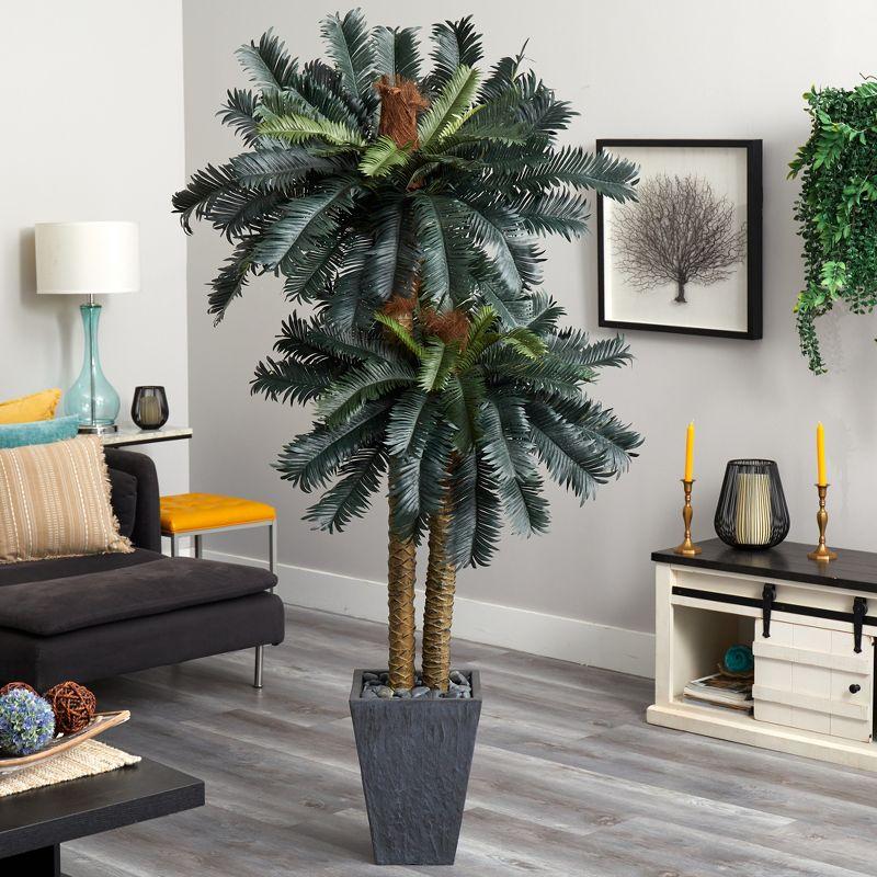 Nearly Natural 6-ft Double Sago Palm Artificial Tree Slate Finished Planter