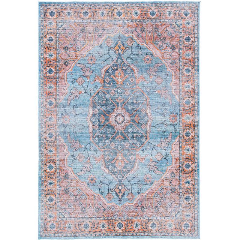 Blue and Orange 4' x 6' Washable Viscose Area Rug