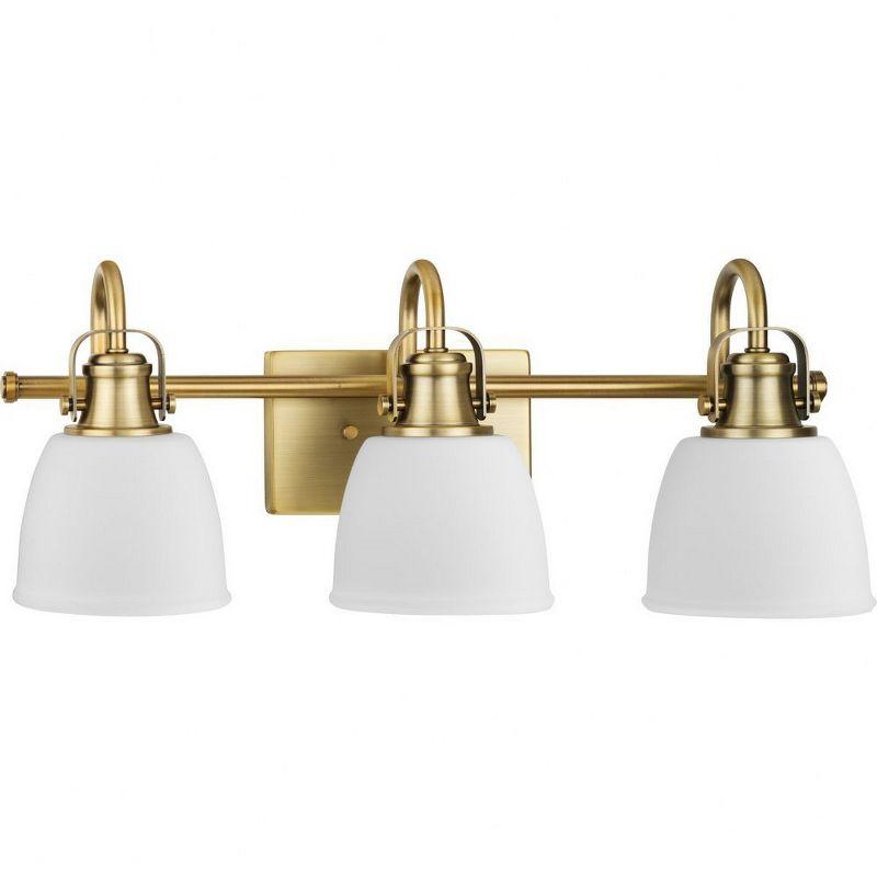 Progress Lighting Preston 3-Light Vintage Brass Bath Light with Opal Glass Shades