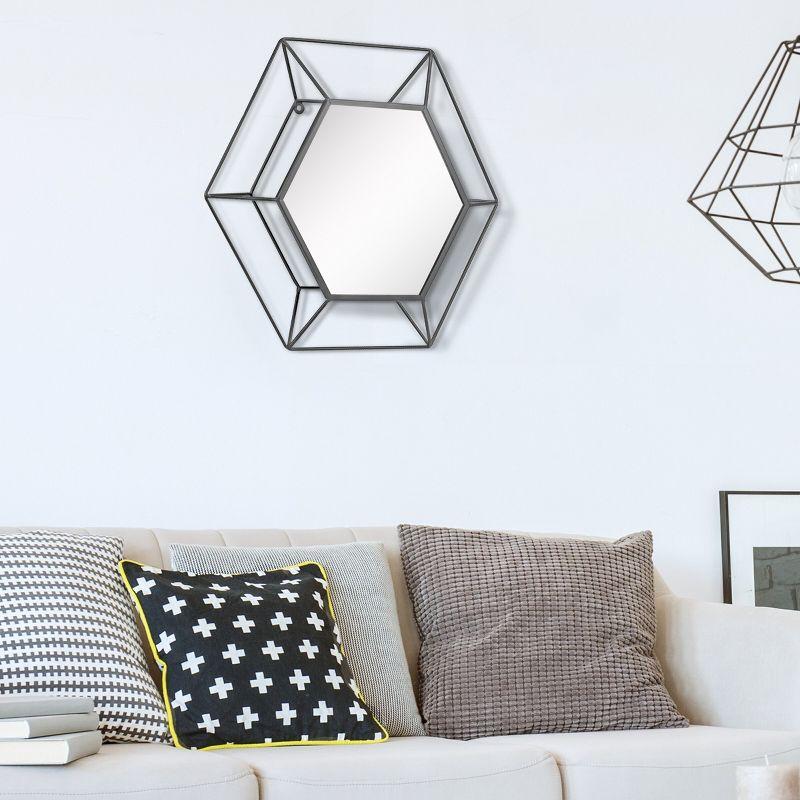 HexaFrame 24" Black Metal 3D Hexagon Wall Mirror with Shelf