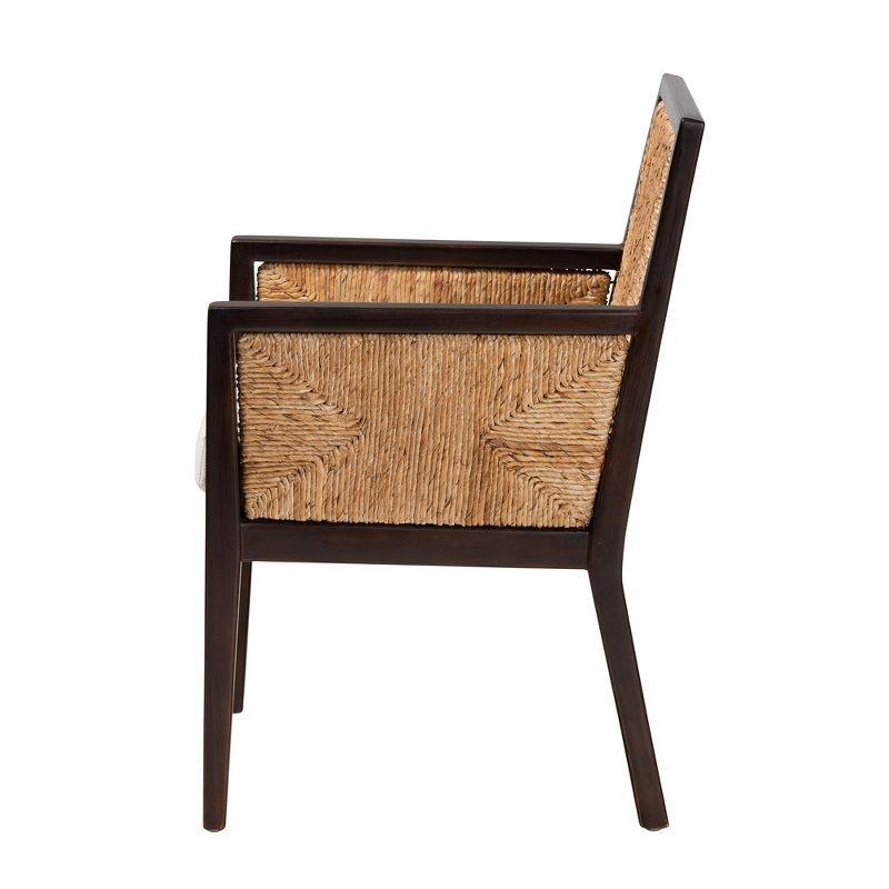 bali & pari Joana Modern Bohemian Dark Brown Mahogany Wood and Natural Seagrass Dining Arm Chair