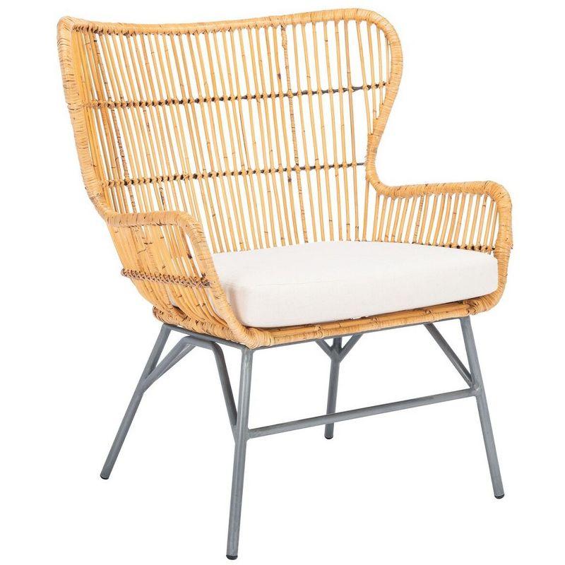 Coastal Bohemian Natural Rattan Fanback Accent Chair with White Cushion