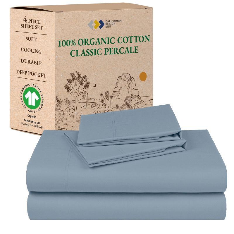 Queen Sheets Set, 100% Organic Cotton Percale, Blue Hydrangea Bed Sheets by California Design Den